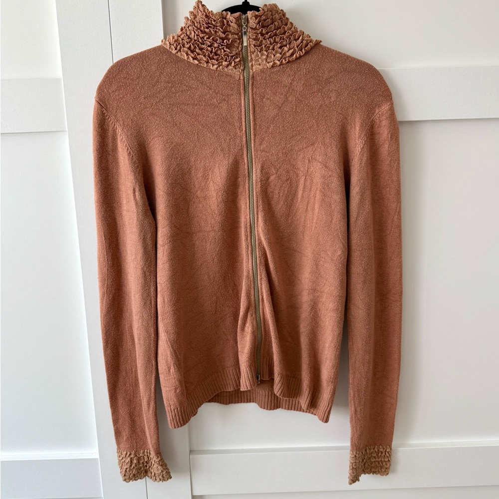 Elegant Tan Sweater with Ruffled Collar and Sleeves